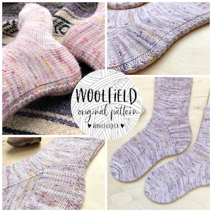 May include: A close-up of a pair of hand-knitted socks in a multi-colored yarn with a speckled pattern. The socks are shown in different positions, including a close-up of the heel and toe. The image includes the text "WOOLFIELD original pattern WOOLFIELD.CA".