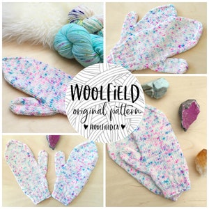 May include: A close-up of a pair of white knitted mittens with a multi-colored speckled pattern. The mittens are laid out on a wooden surface. The text "WOOLFIELD original pattern" is visible in the center of the image.