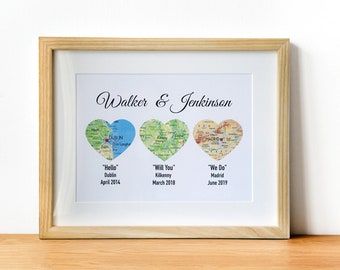 Heart Map Anniversary Gift, Wedding Locations Art Print