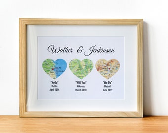 Unique Wedding Gift for Couple, Heart Map Print, Map Art, Romantic Gift, Met Engaged Married 3 Map Heart Anniversary Gift Bridal Shower Gift