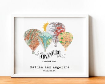 Personalized Map Art Print, Hot Air Balloon Anniversary Gift