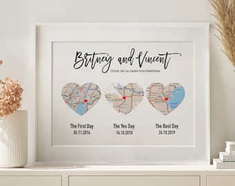 Second Anniversary Gift - Personalized Heart Map Art