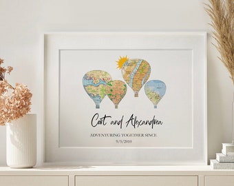 Personalized Map Balloon Print, Adventure Anniversary Gift, Custom Couple Art