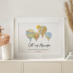 4 map Adventure Together Print, 5 year anniversary gift for him Map Balloon Print, Wedding Gift for Couple Personalized Map Custom wife gift