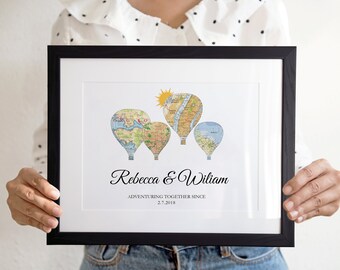 Personalized Wedding Gift, Personalized Map Art, Custom Map Art, Gift for Couple, Adventure Together Print, Map Balloon Bridal Shower Gift