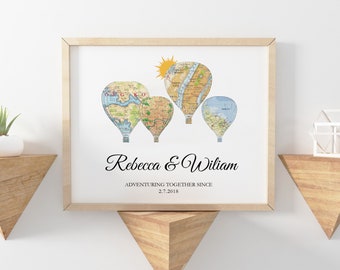Personalized Travel Map Print, Hot Air Balloon, Anniversary Gift