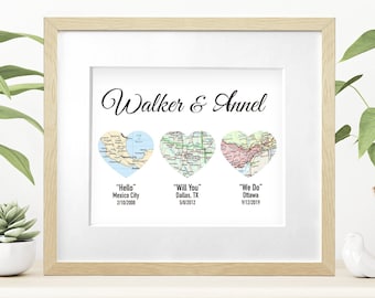 Wedding Gift for Couple, Personalized Map Heart Art, Bridal Shower Gift, Met Engaged Married 3 Map Heart, 1st Anniversary Gift