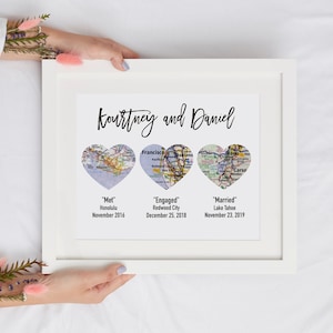 Met Engaged Married, Bridal Shower Gift, Personalized Wedding Gift or Anniversary Gift for Couples 3 Heart Map Print Custom gift