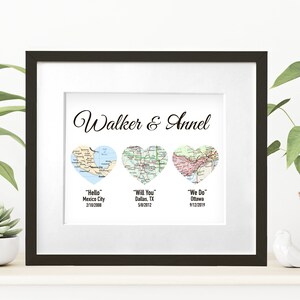 Gift for wife, Gift for Couples, Met Engaged Married, Personalized Framed Map Love Story Engagement Personalized Map Heart Engagement Gif image 7