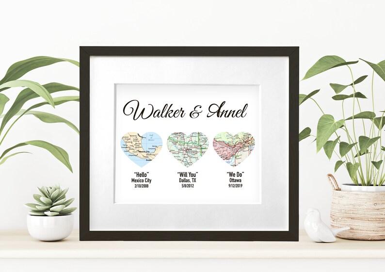 Gift for wife, Gift for Couples, Met Engaged Married, Personalized Framed Map Love Story Engagement Personalized Map Heart Engagement Gif image 7