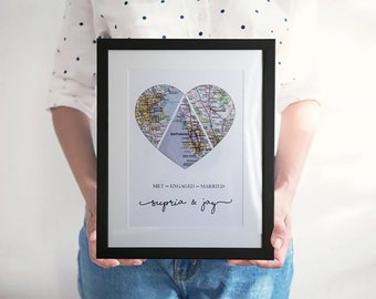 First Wedding Anniversary Gift, Personalized Map Heart Art, Paper Anniversary Gift, Gift for Newlyweds, Gift for Couplet,  3 Map Heart