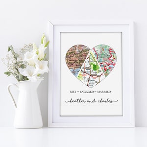 Met Engaged Married, Map Art Print, Anniversary Wedding Gift, For Couple, Gift For Him, Heart Art, Anniversary Gift, Cotton Gift