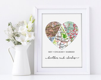 Personalized Map Heart Print, Anniversary Gift, Met Engaged Married