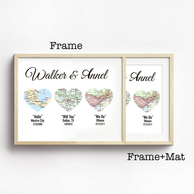 Gift for wife, Gift for Couples, Met Engaged Married, Personalized Framed Map Love Story Engagement Personalized Map Heart Engagement Gif image 6