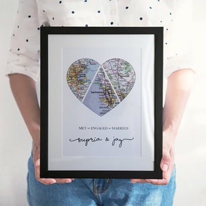 3 Personalized Map Heart Art,  Anniversary Gift, Bridal Shower Gift, Met Engaged Married, Wedding Gift for Couple, Newlywed Gift