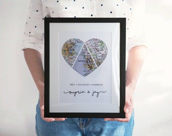 3 Personalized Map Heart Art,  Anniversary Gift, Bridal Shower Gift, Met Engaged Married, Wedding Gift for Couple, Newlywed Gift