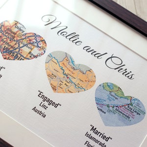 Heart Map Print, 1st Anniversary Gift, Engagement Gift, Met Engaged Married 3 Map Heart, Custom Wedding Gift We met We Engagement We married