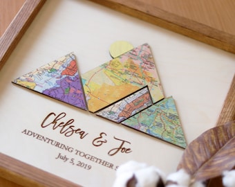 5th Anniversary Gift for Him — Personalized Mountain Map Wood Frame — Custom Locations Engraved