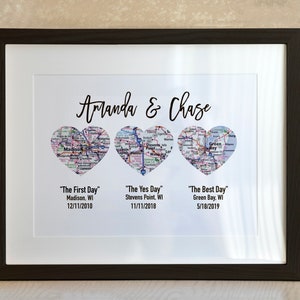 Gift for wife, Gift for Couples, Met Engaged Married, Personalized Framed Map Love Story Engagement Personalized Map Heart Engagement Gif image 1