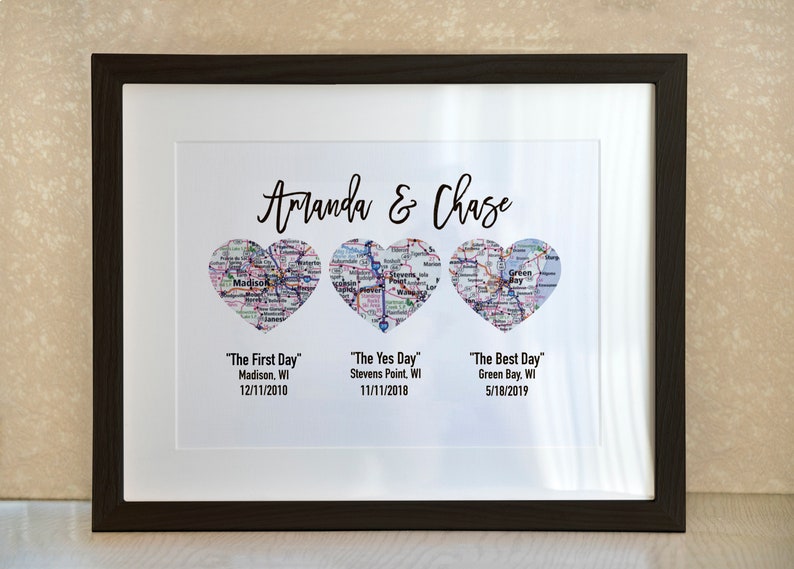 Gift for wife, Gift for Couples, Met Engaged Married, Personalized Framed Map Love Story Engagement Personalized Map Heart Engagement Gif image 1