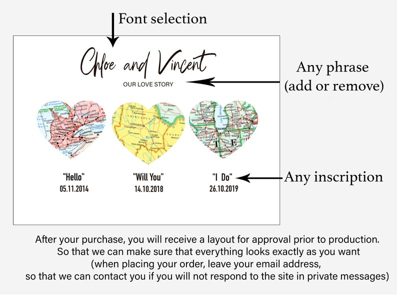 Gift for wife, Gift for Couples, Met Engaged Married, Personalized Framed Map Love Story Engagement Personalized Map Heart Engagement Gif image 3