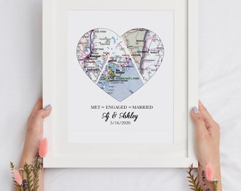 Personalized Wedding Gift or Anniversary Gift for Couples Personalized Map Heart Art, Unique Wedding Gift Met Engaged Married 3 Map Heart