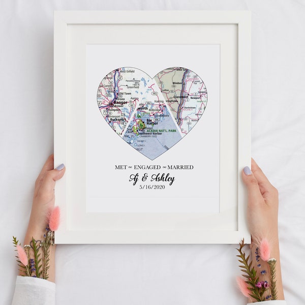 Personalized Wedding Gift or Anniversary Gift for Couples Personalized Map Heart Art, Unique Wedding Gift Met Engaged Married 3 Map Heart