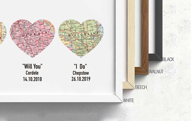 Gift for wife, Gift for Couples, Met Engaged Married, Personalized Framed Map Love Story Engagement Personalized Map Heart Engagement Gif image 5