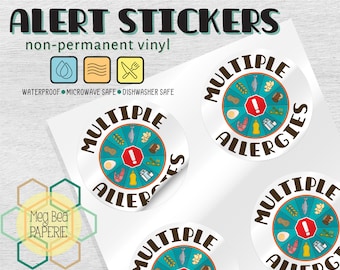 Multiple Allergies 1.7" Waterproof Vinyl Stickers - ENGLISH or FRENCH - Sheet of 6 - Microwave & Dishwasher Safe - Food Allergy Awareness