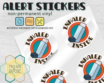 Inhaler Inside 1.7" Waterproof Vinyl Stickers/Labels - ENGLISH or FRENCH - Sheet of 6 - Microwave & Dishwasher Safe - Asthma Awareness