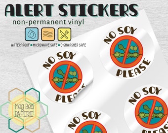 No Soy 1.7" Waterproof Vinyl Stickers/Labels - Sheet of 6 - Microwave & Dishwasher Safe - Food Allergy Awareness