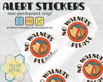 No Walnuts 1.7" Waterproof Vinyl Stickers/Labels - Sheet of 6 - Microwave & Dishwasher Safe - Food Allergy Awareness