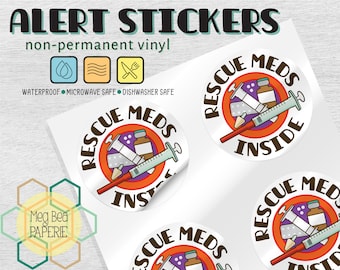 Rescue Meds Inside 1.7" Waterproof Vinyl Stickers/Labels - Sheet of 6 - Microwave & Dishwasher Safe - Epilepsy Awareness