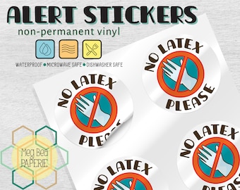 No Latex 1.7" Waterproof Vinyl Stickers/Labels - Sheet of 6 - Microwave & Dishwasher Safe - Food Allergy Awareness