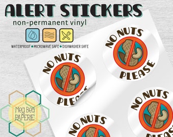 No Nuts 1.7" Waterproof Vinyl Stickers/Labels - Sheet of 6 - Microwave & Dishwasher Safe - Food Allergy Awareness