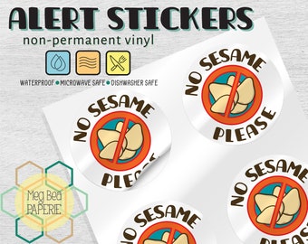 No Sesame 1.7" Waterproof Vinyl Stickers/Labels - Sheet of 6 - Microwave & Dishwasher Safe - Food Allergy Awareness