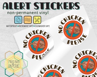 No Chicken 1.7" Waterproof Vinyl Stickers/Labels - Sheet of 6 - Microwave & Dishwasher Safe - Food Allergy Awareness