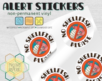 No Shellfish 1.7" Waterproof Vinyl Stickers/Labels - Sheet of 6 - Microwave & Dishwasher Safe - Food Allergy Awareness