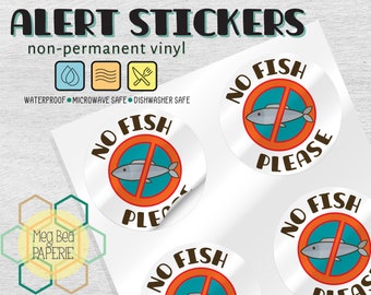 No Fish 1.7" Waterproof Vinyl Stickers/Labels - Sheet of 6 - Microwave & Dishwasher Safe - Food Allergy Awareness