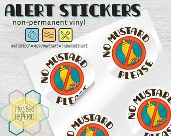 No Mustard 1.7" Waterproof Vinyl Stickers/Labels - Sheet of 6 - Microwave & Dishwasher Safe - Food Allergy Awareness