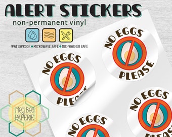No Eggs 1.7" Waterproof Vinyl Stickers/Labels - Sheet of 6 - Microwave & Dishwasher Safe - Food Allergy Awareness