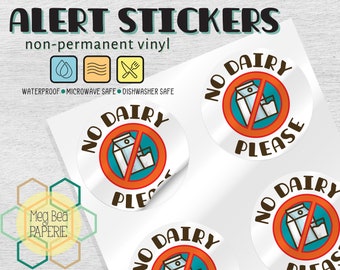 No Dairy 1.7" Waterproof Vinyl Stickers/Labels - Sheet of 6 - Microwave & Dishwasher Safe - Food Allergy Awareness