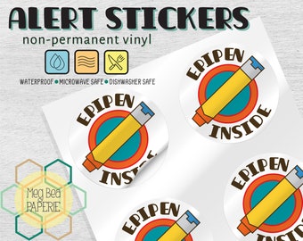 EpiPen Inside 1.7" Waterproof Vinyl Stickers/Labels - ENGLISH or FRENCH - Sheet of 6 - Microwave & Dishwasher Safe - Food Allergy Awareness