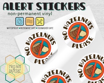 No Hazelnuts 1.7" Waterproof Vinyl Stickers/Labels - Sheet of 6 - Microwave & Dishwasher Safe - Food Allergy Awareness