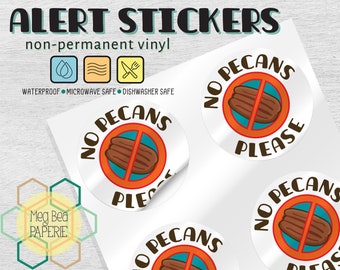 No Pecans 1.7" Waterproof Vinyl Stickers/Labels - Sheet of 6 - Microwave & Dishwasher Safe - Food Allergy Awareness