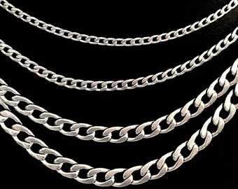 Stainless Steel Curb Chain, Thick Silver,Men or Boys Necklace, 3mm, 4mm, 6mm, 7mm