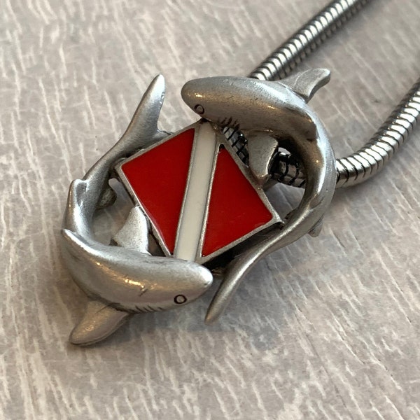 Sharks Dive Flag Necklace, Grey Reef Shark, Pendant Only Pewter, Ocean Jewelry, Nautical Jewelry Gift, Scuba Diving Jewelry, Birthday Gifts