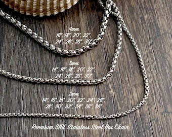 Tarnish Free Waterproof Stainless Steel Box Chain: 2mm, 3mm, 4mm, High Quality 316L Surgical Necklace Pendant Chain, 12", 14", 16", 18"- 38"