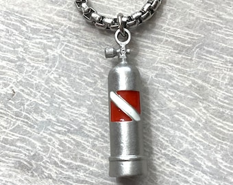 Scuba Tank Necklace, Scuba Tank Necklace with Dive Flag in Pewter Necklace or Pendant Only, Surfers and Diver Jewelry, Ocean Jewelry Gifts