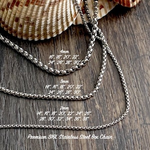 Waterproof Men Box Chain Necklace in Premium 316L Stainless Steel. Women Silver Long Box Chain Necklace for Crystals and Pendants.